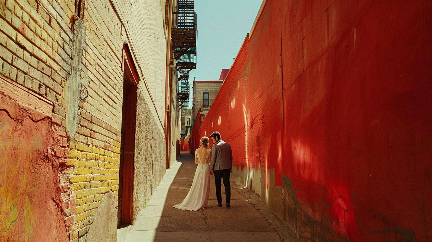 A bride and groom standing in a vibrant urban alleyway with a non-traditional wedding vibe. A bride and groom standing in a vibrant urban alleyway with a non-traditional wedding vibe.
