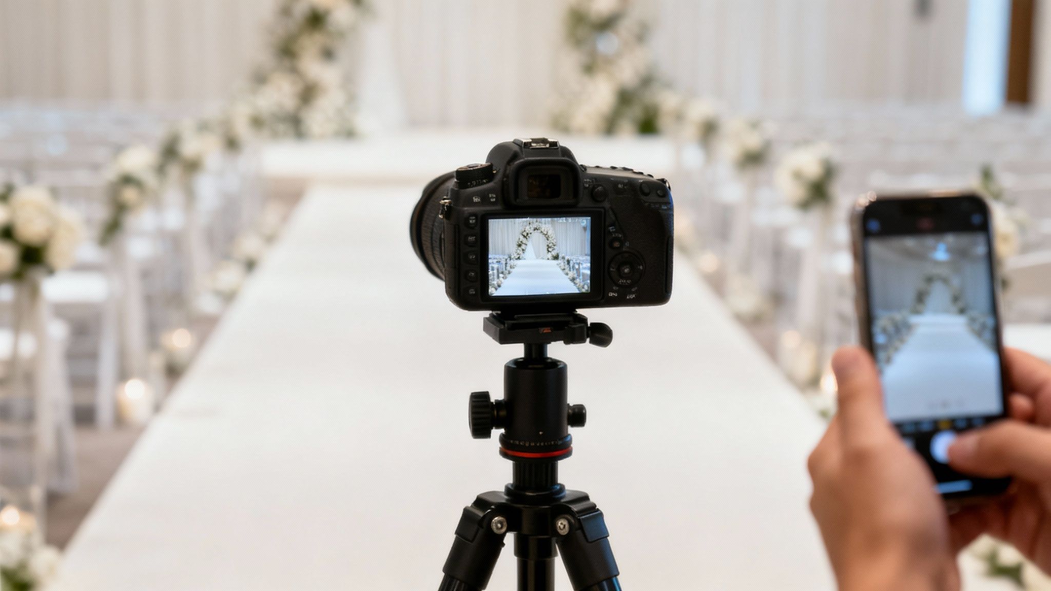 A professional camera on a tripod and a smartphone record a white wedding ceremony setup.
