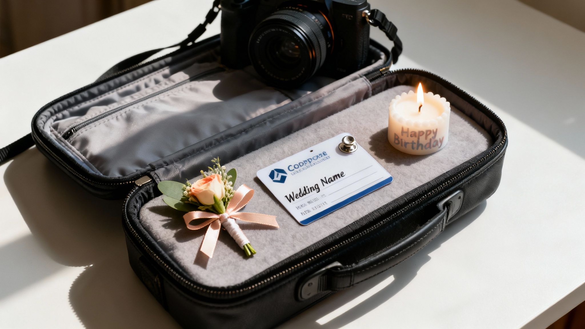 An opened camera bag revealing a camera, a boutonnieres, a wedding name badge, and a lit 'Happy Birthday' candle.