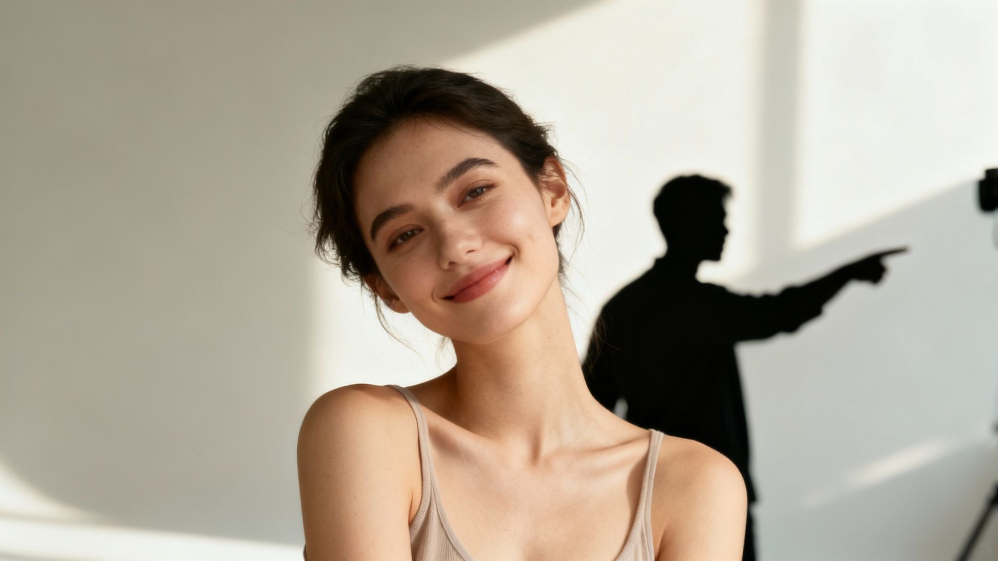 A person smiling naturally during a photoshoot, feeling comfortable and authentic.