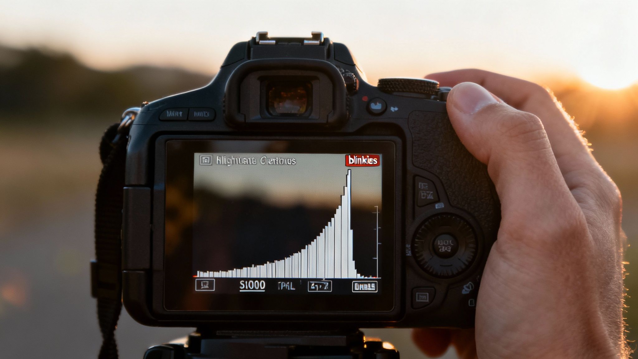A hand holding a DSLR camera displaying an overexposed histogram with 'blinkies' warnings during sunset.