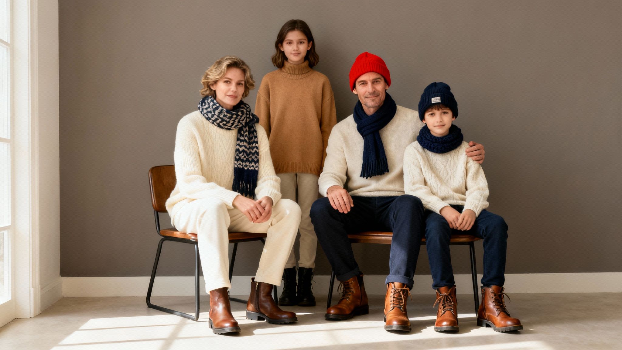 A family of four, two adults and two children, dressed in cozy winter sweaters and scarves, sitting for a portrait.