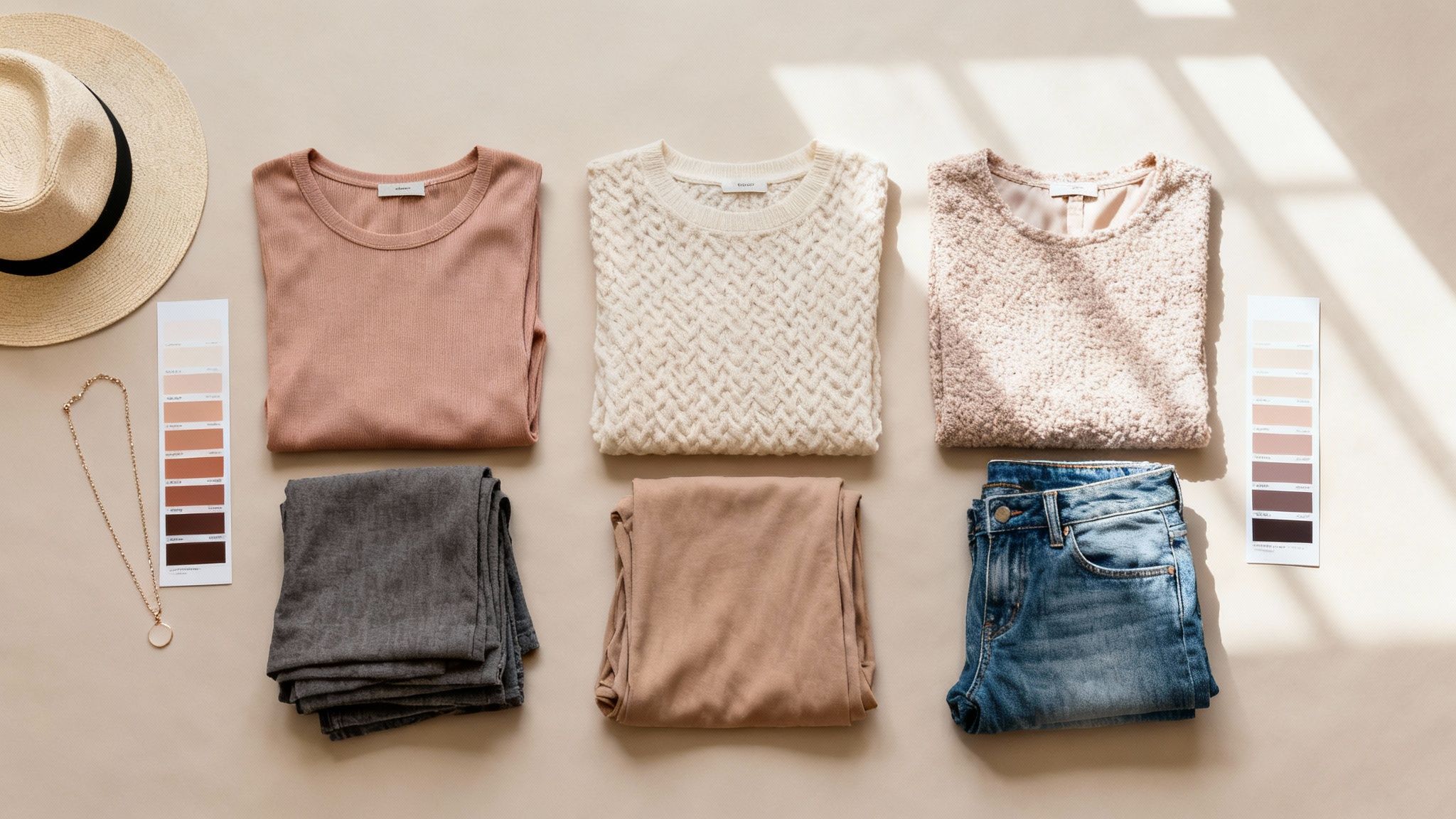 A woman with a thoughtful expression looks over a rack of carefully selected outfits before her photoshoot.