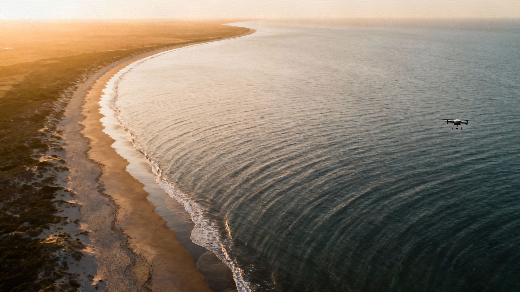 Aerial view of a golden beach meeting the ocean with a drone flying over the water at sunset.