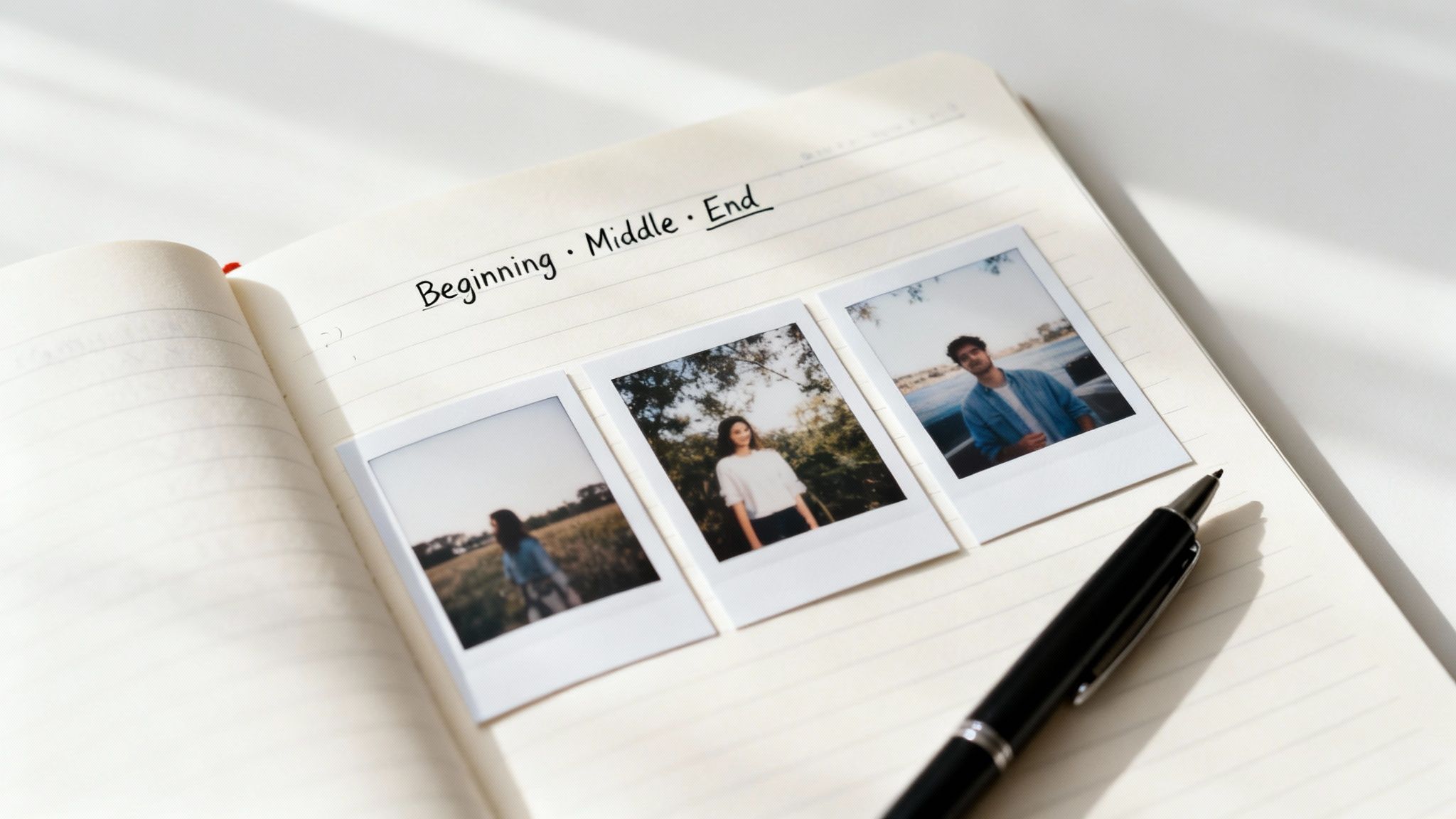 A neatly organized grid of photographs laid out on a wooden table, suggesting careful selection.