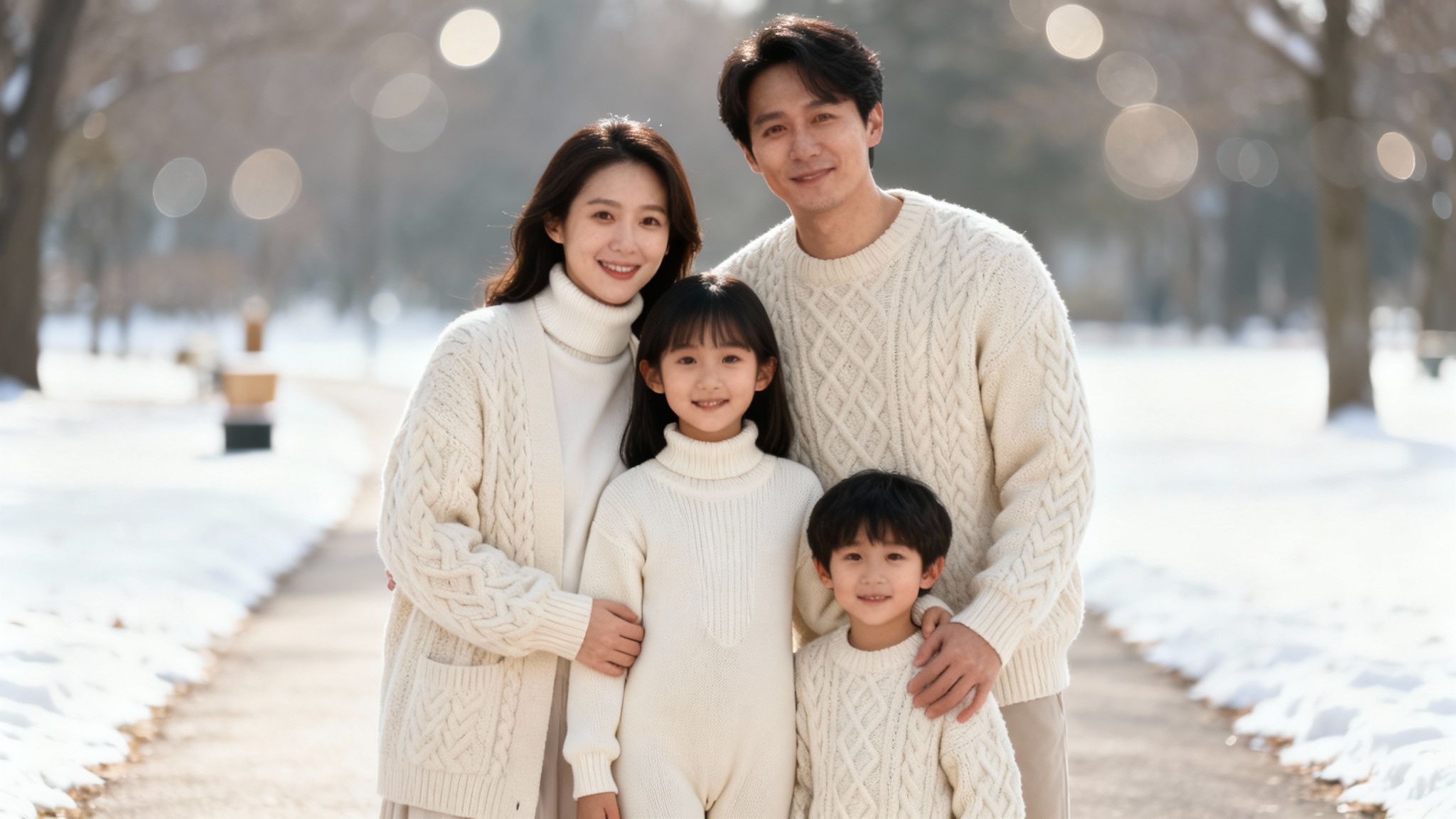 A smiling Asian family of four in matching white sweaters poses on a snowy park path.