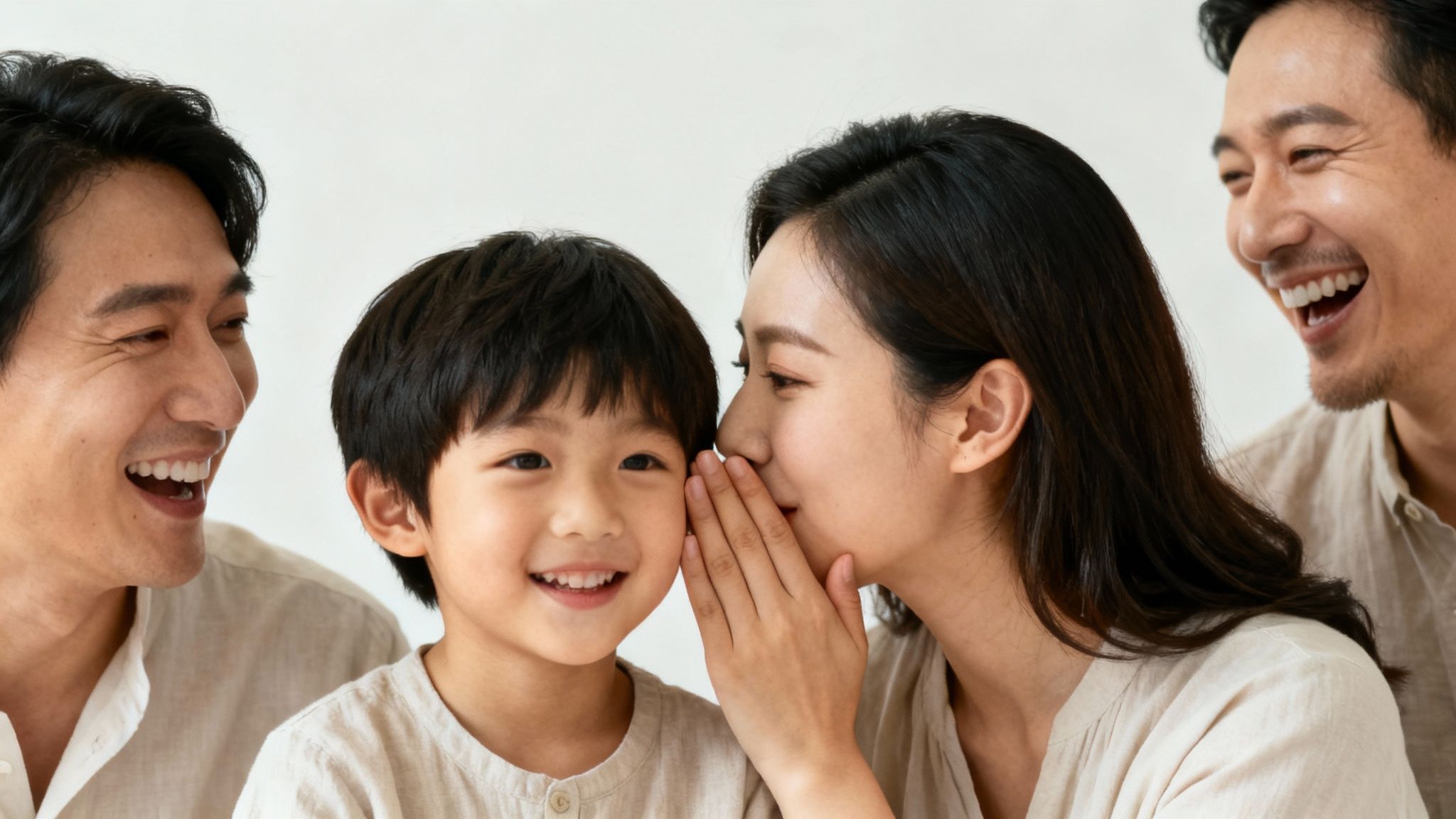 A happy Asian family with a mother whispering a secret to her smiling young son, with fathers laughing.