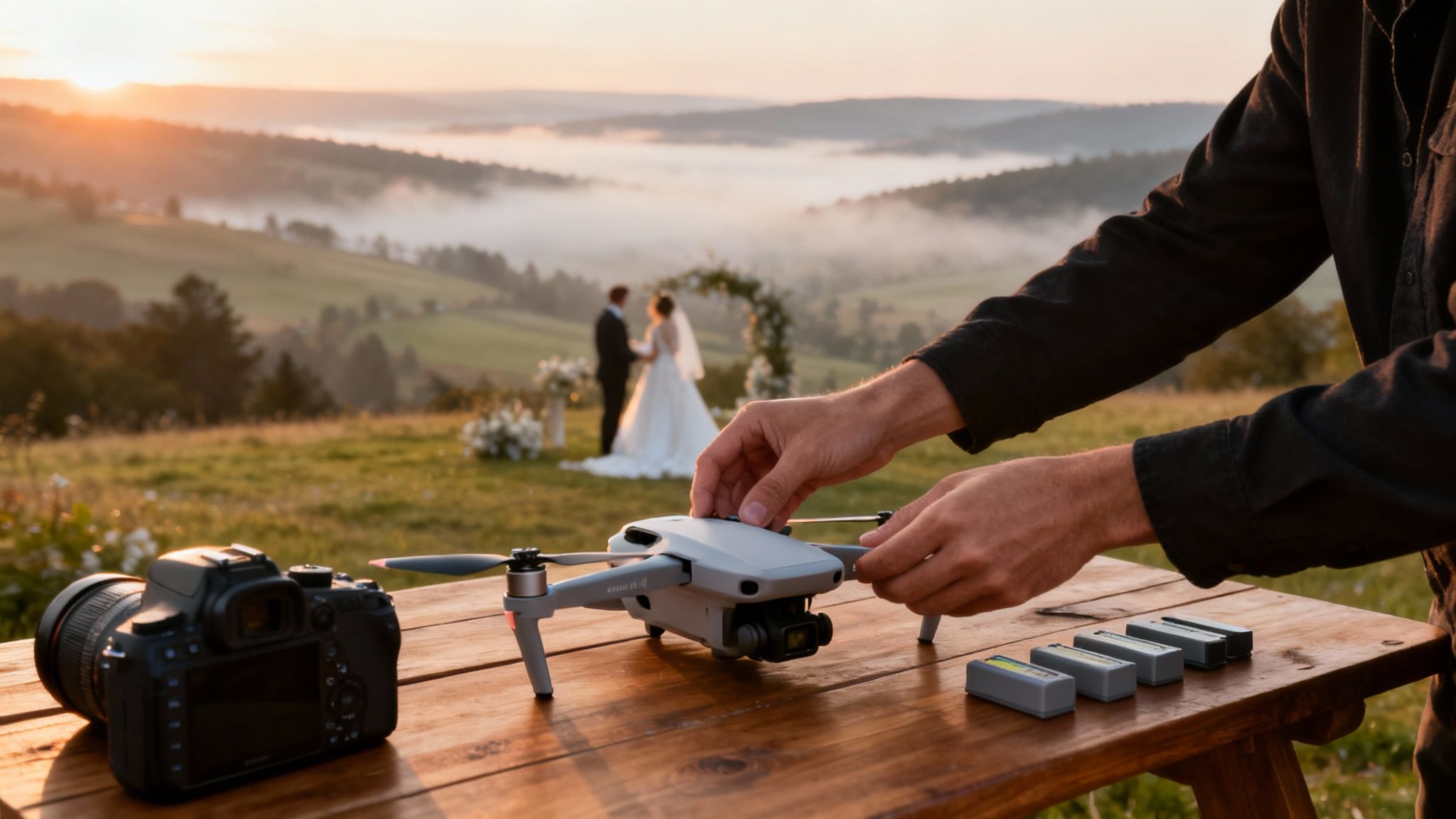 Photographer preparing a drone on a table with a camera, batteries, and a sunset wedding in background.