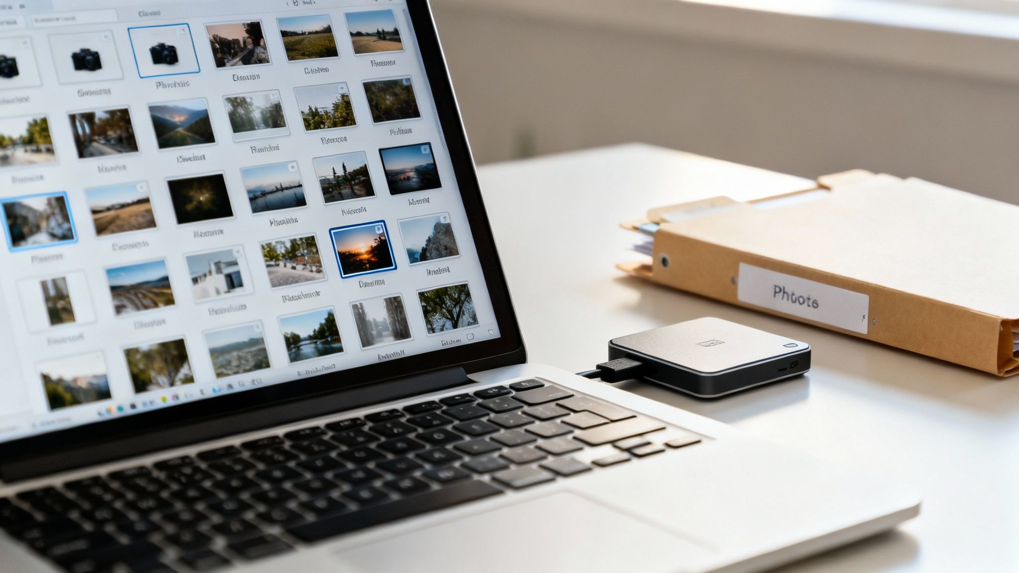 A person's hands editing a photo slideshow on a laptop, with a timeline and media assets visible on the screen.