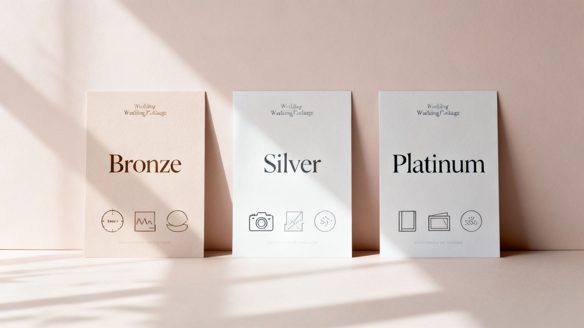 Three elegantly designed wedding photography package cards: Bronze, Silver, and Platinum, with details.