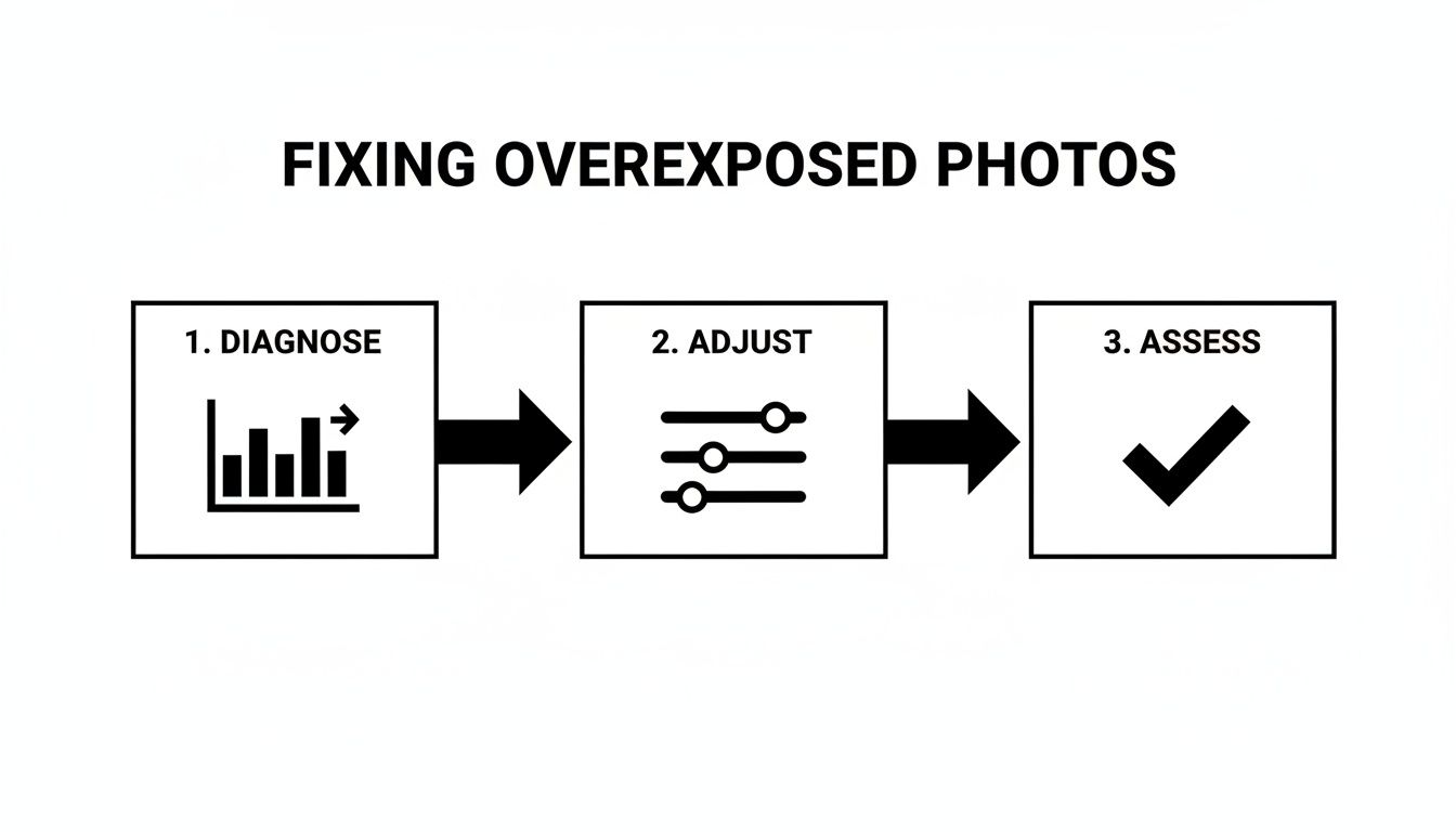A three-step flowchart demonstrating how to fix overexposed photos: Diagnose, Adjust, and Assess.