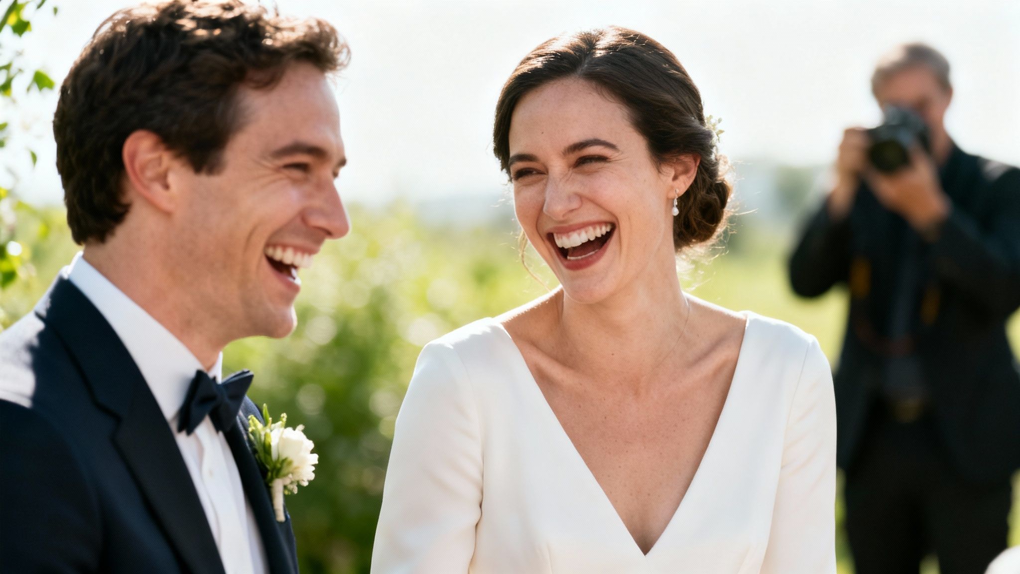 A happy bride and groom laugh candidly at their outdoor wedding ceremony, with a photographer blurred in the background.