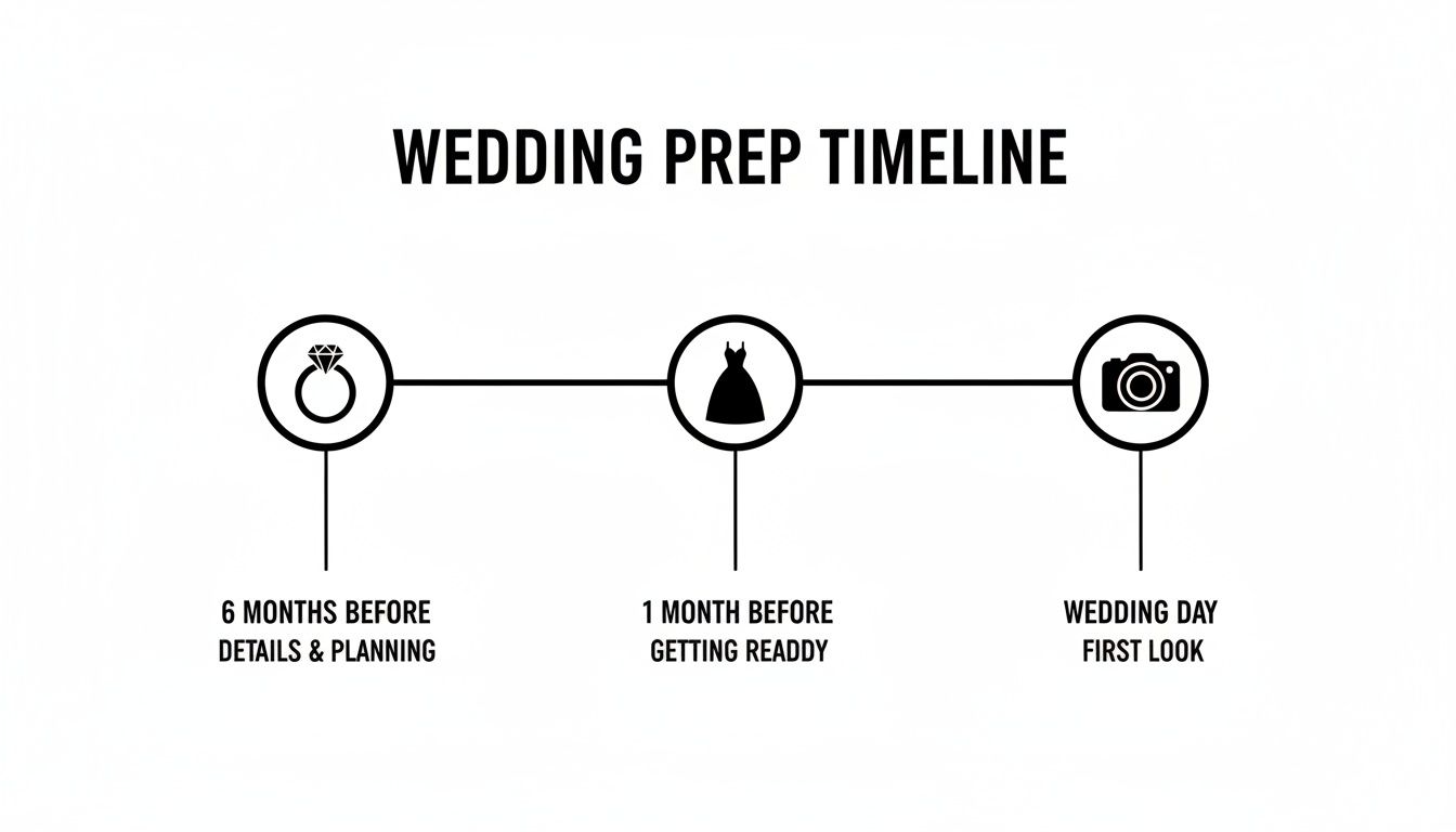 A simple wedding preparation timeline illustrating key milestones: planning, getting ready, and wedding day first look.