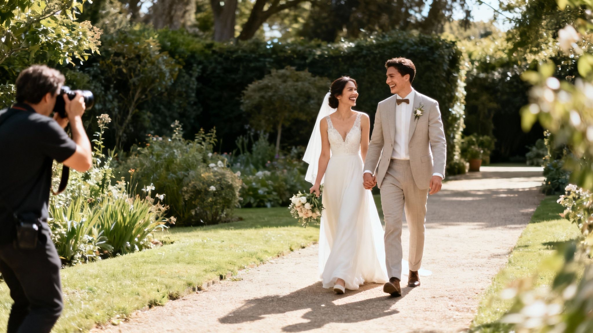 Smiling bride and groom walk hand-in-hand as a photographer captures their wedding moment.