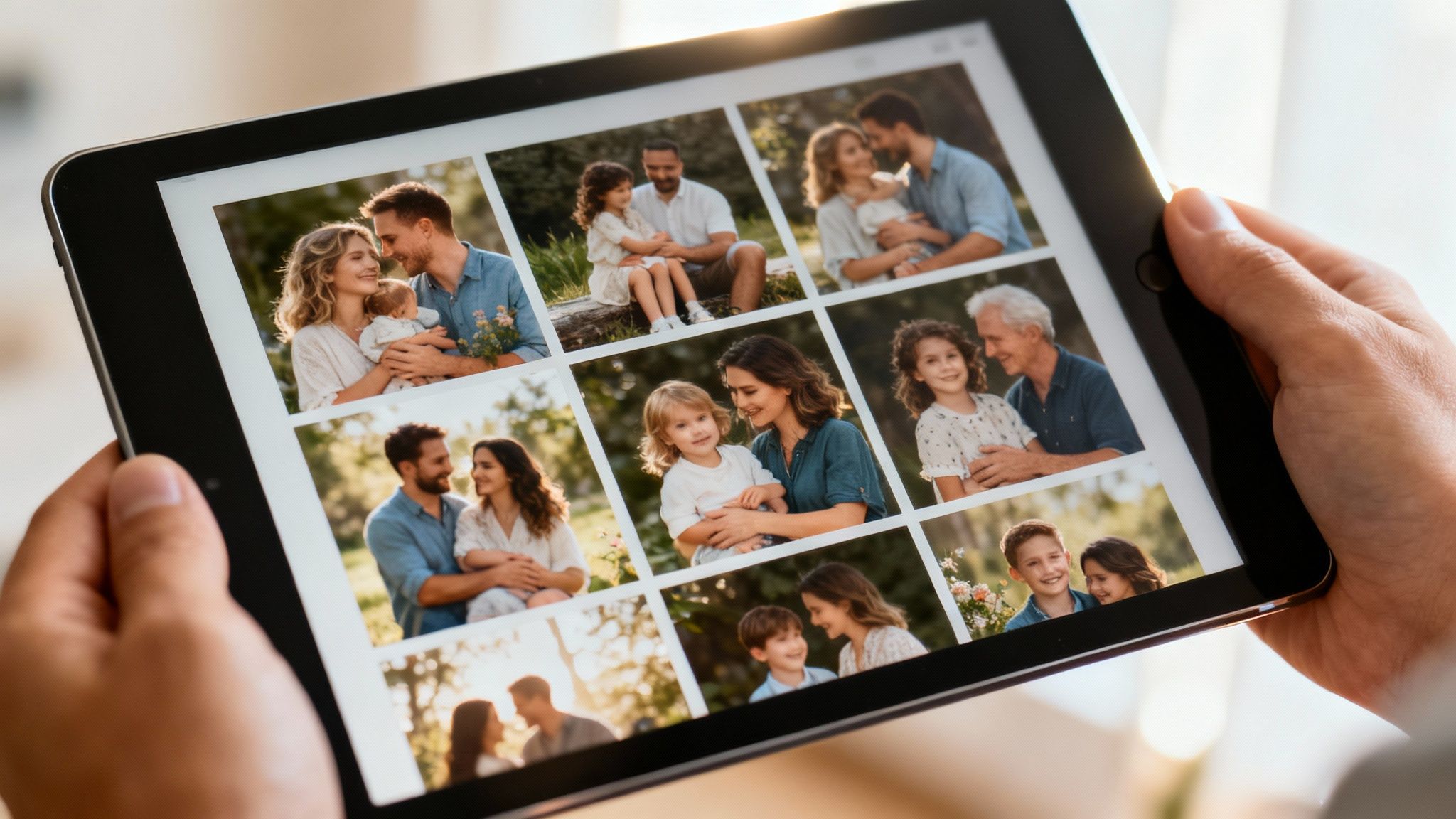 A professional photographer showing a family their photos on the back of a camera during an outdoor session.