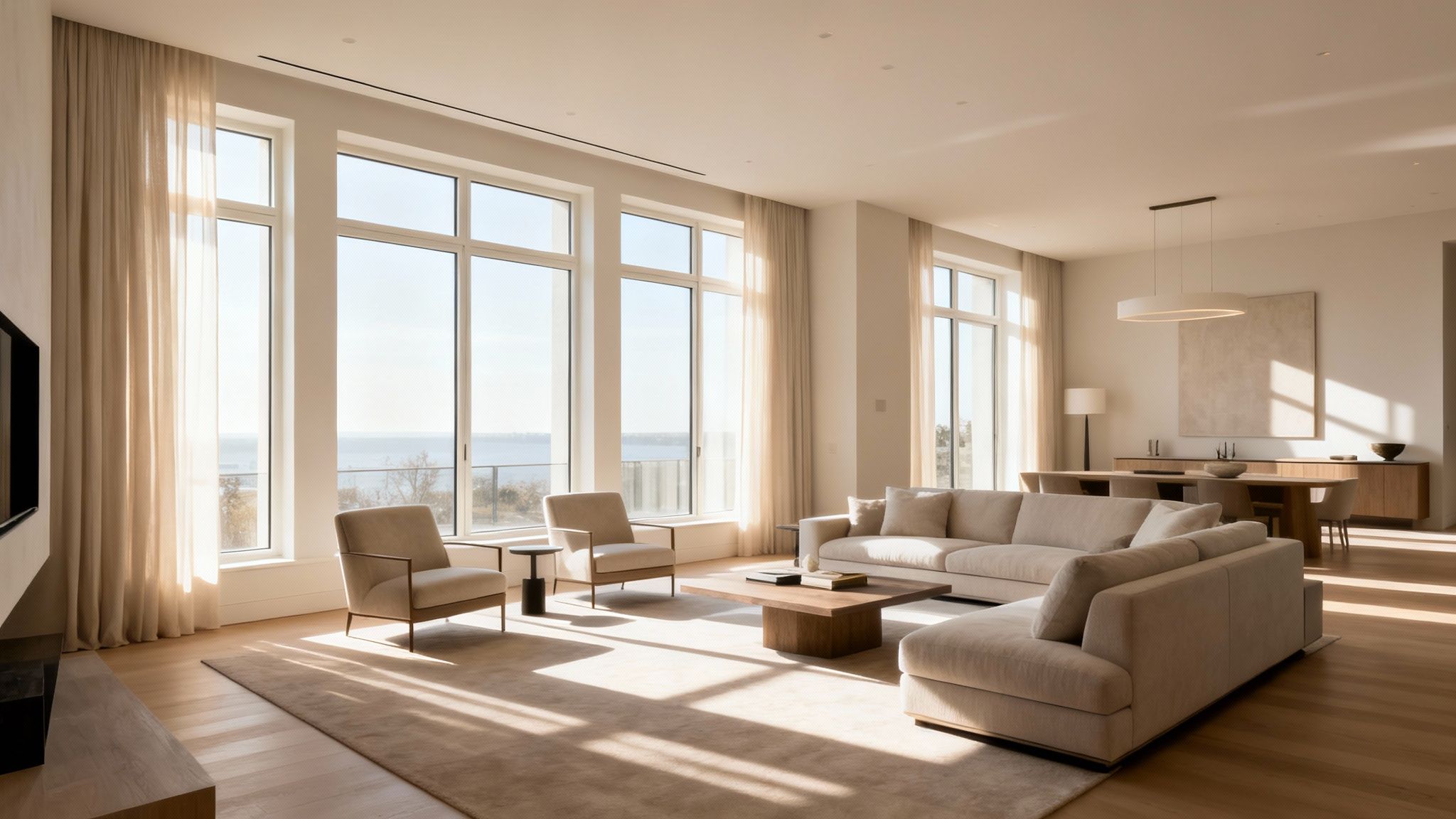 Spacious modern living and dining area with panoramic water views and minimalist light-colored furniture.