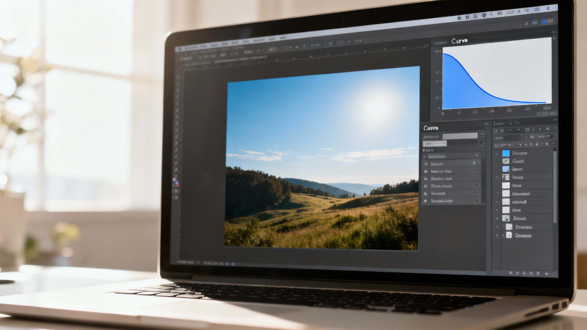 A laptop screen showing photo editing software with a landscape image and a curves adjustment graph.