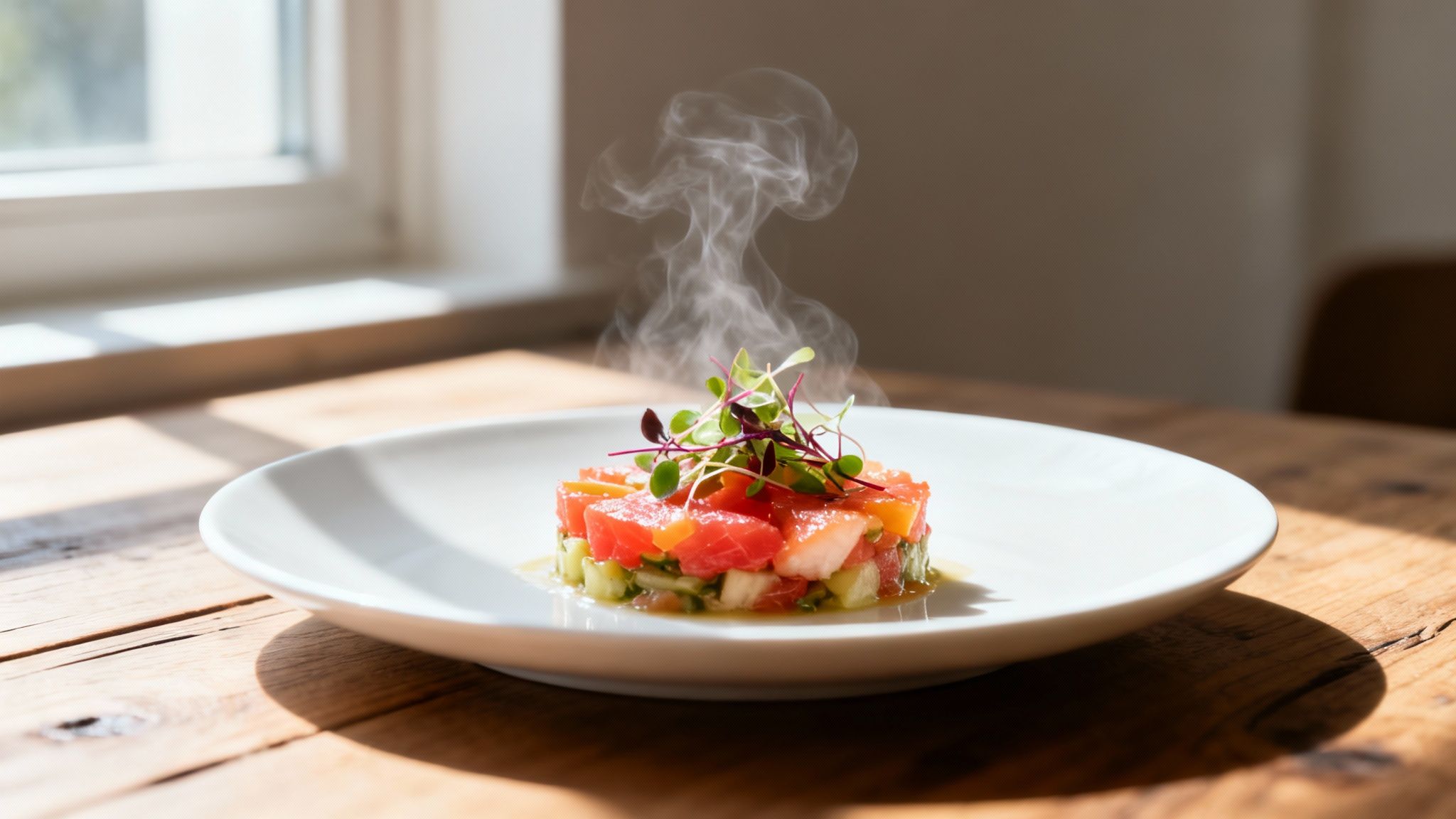 A steaming, gourmet diced tuna tartare with fresh microgreens on a white plate.