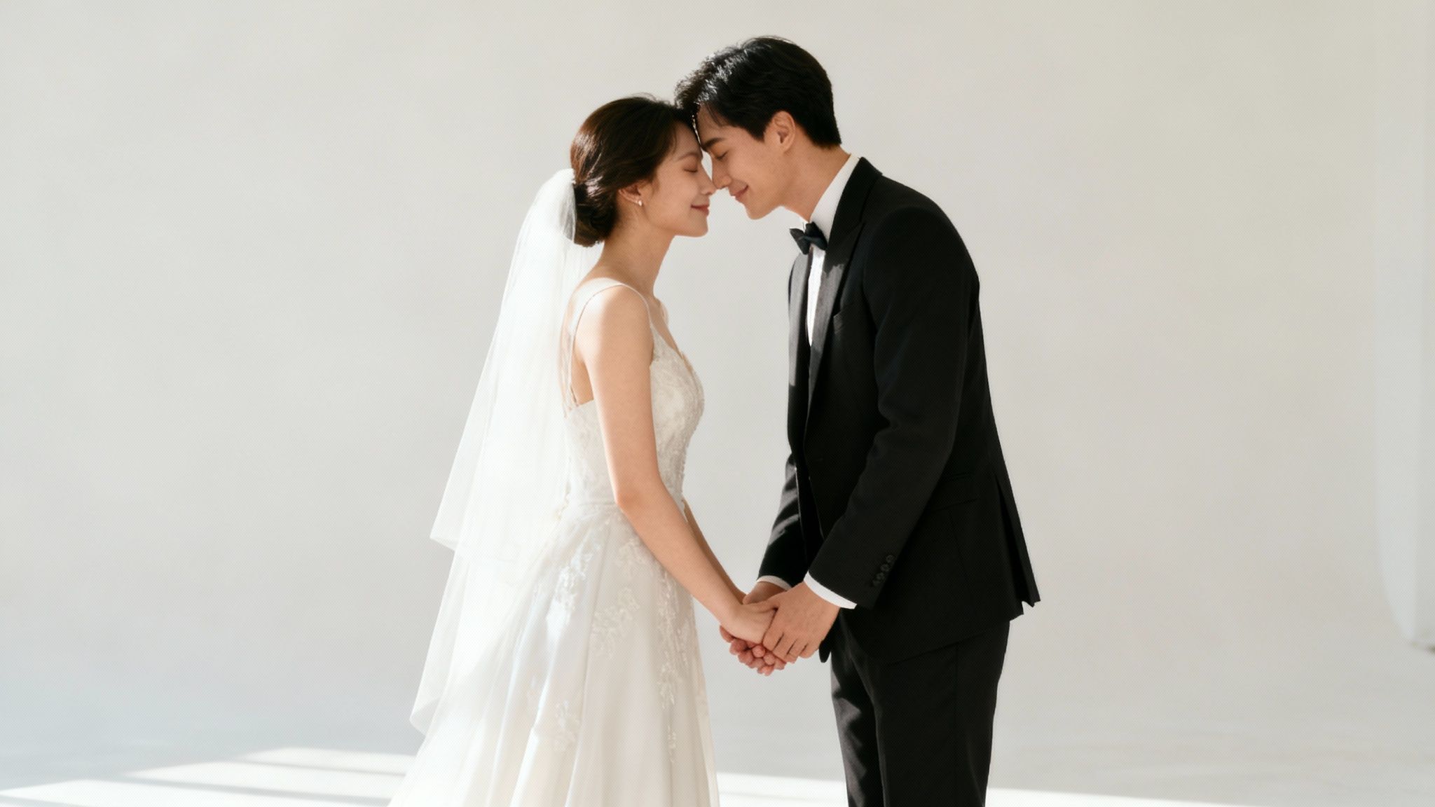 A bride and groom sharing a playful, natural moment together.