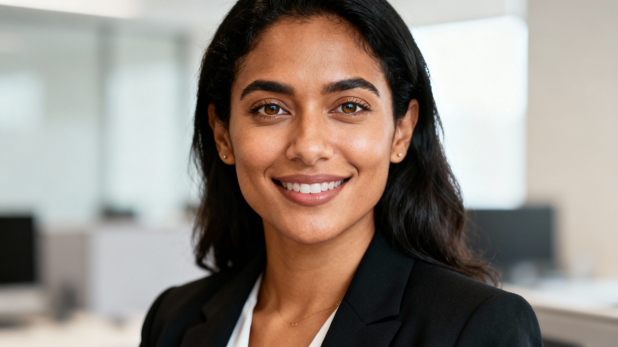 Close-up of a smiling professional woman with dark hair and brown eyes in an office setting.
