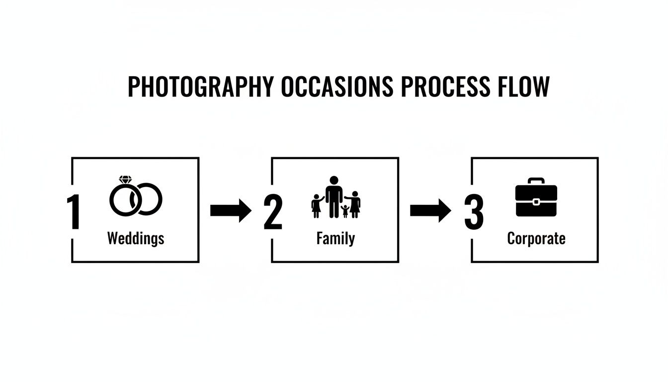 A diagram illustrating the photography occasions process flow: Weddings, Family, and Corporate.