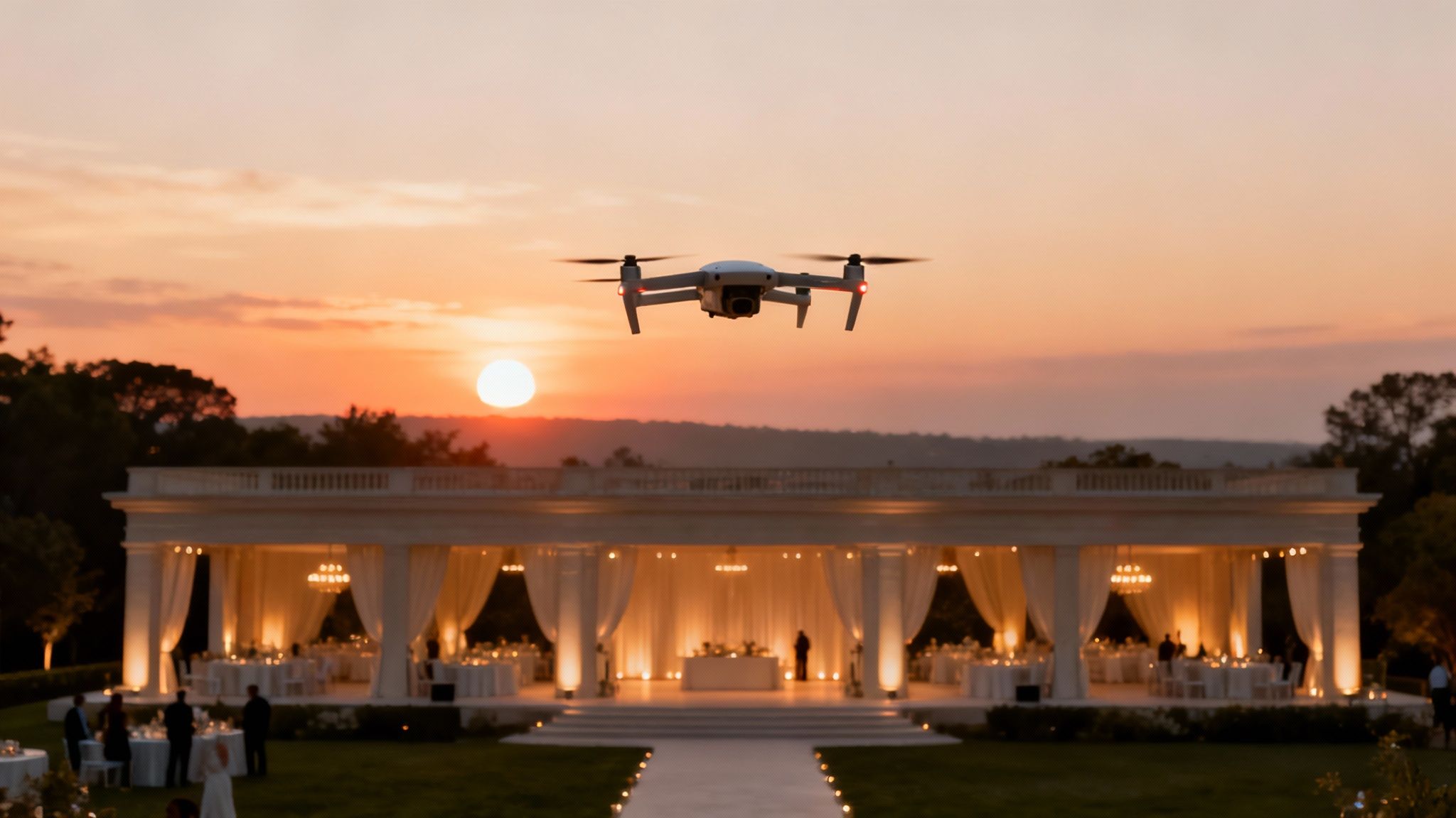 A drone flies over an elegant outdoor evening event with a beautifully lit-up venue at sunset.