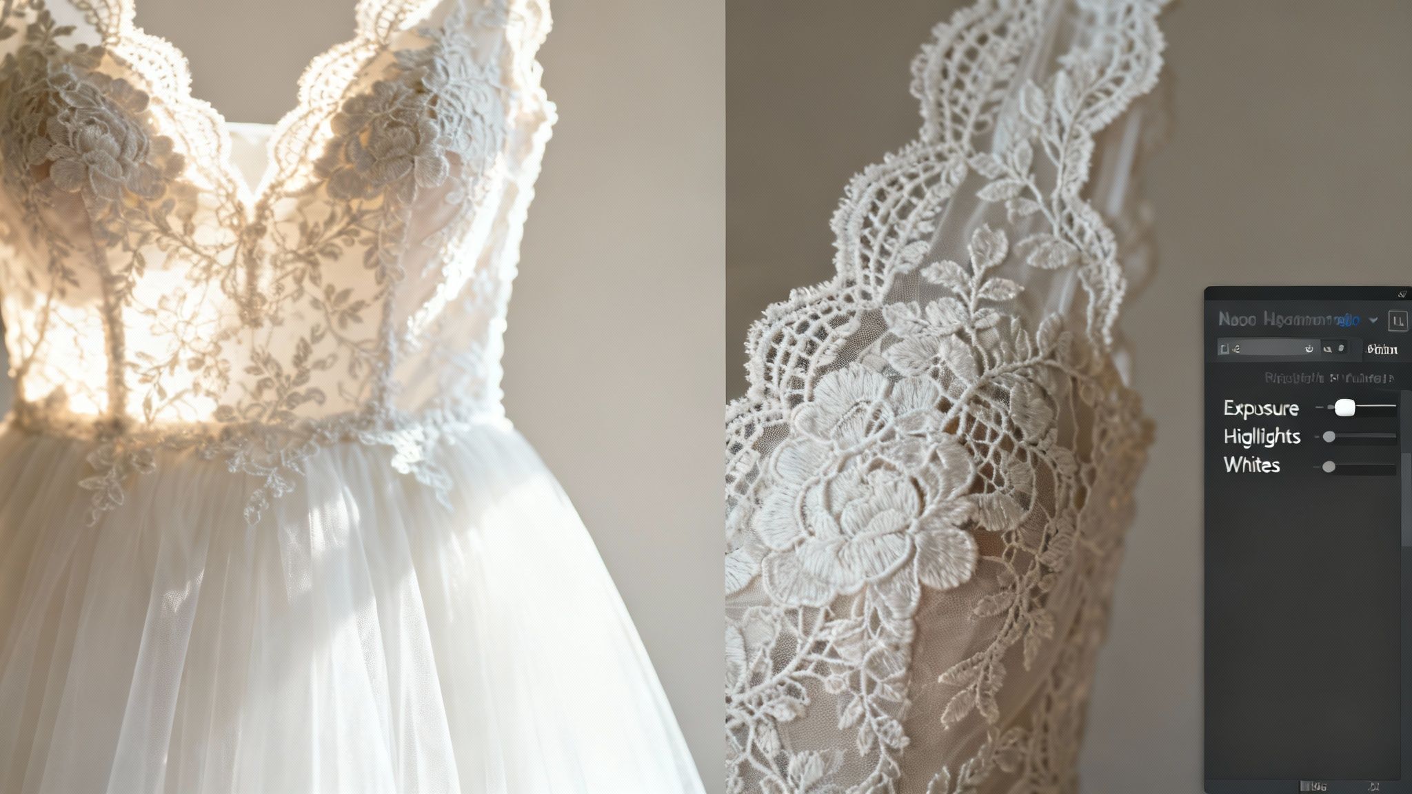 A white lace wedding dress with strong backlighting, next to a photo editing interface with exposure controls.