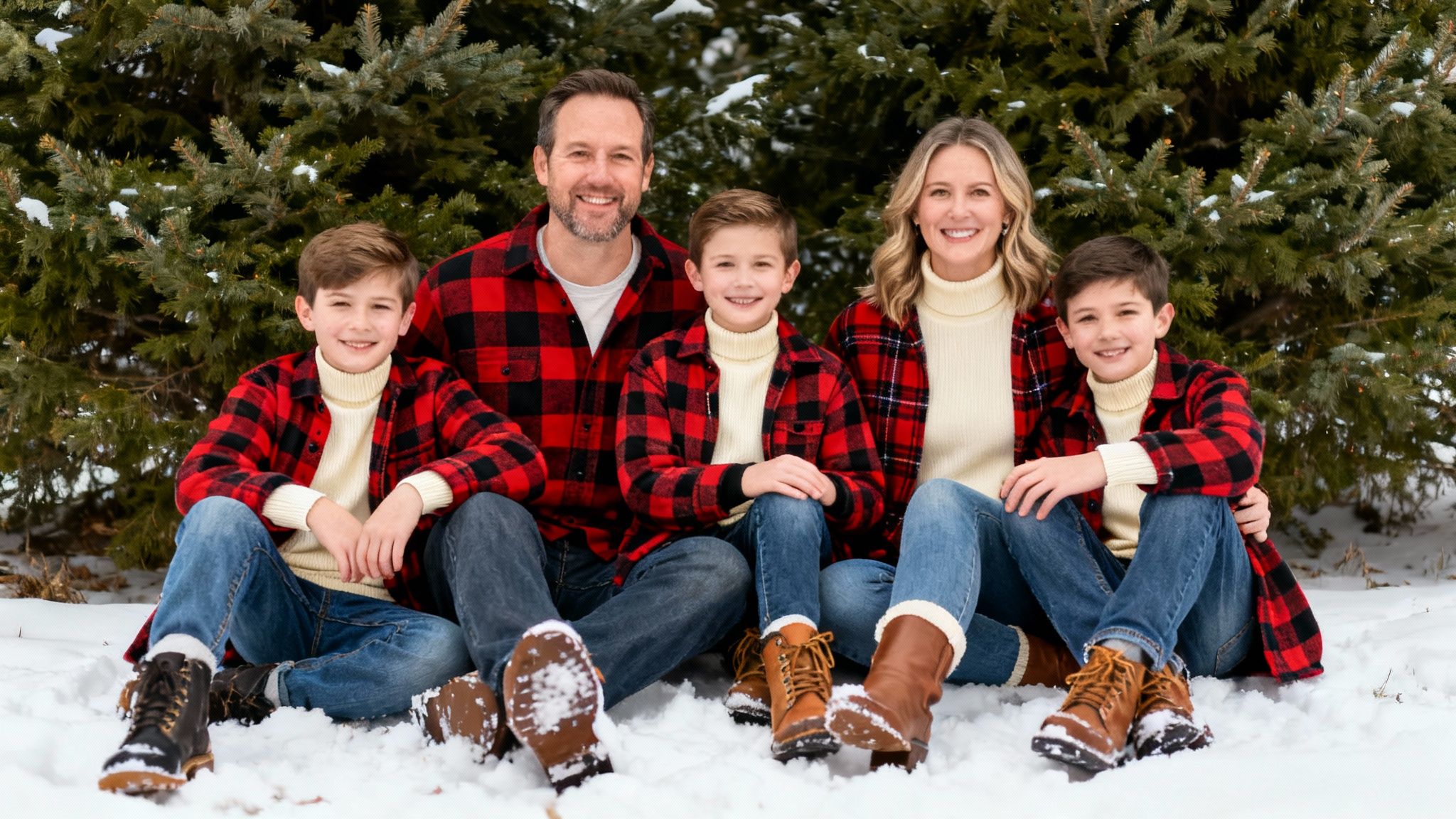 A smiling family of five, dressed in matching red plaid shirts, sitting in the snow during winter.
