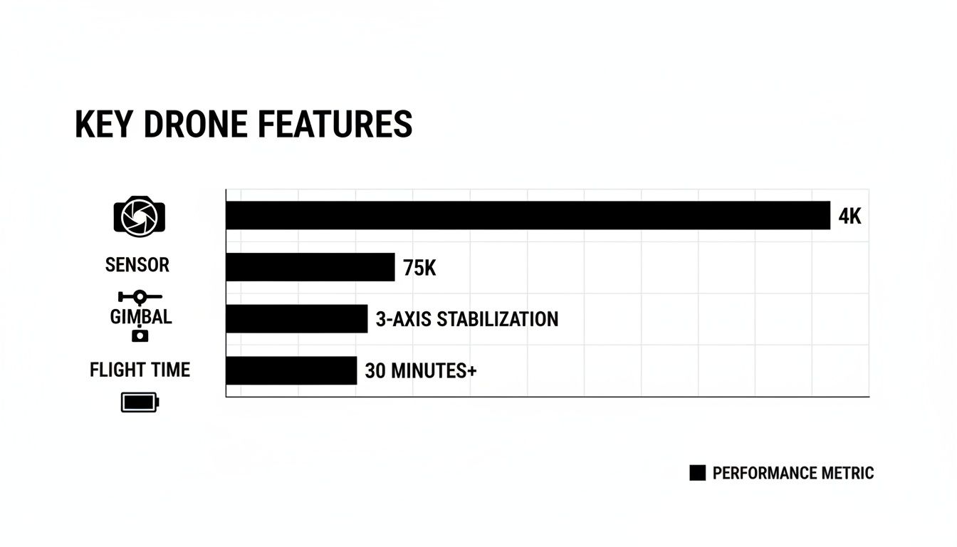Bar chart illustrating key drone features: 4K camera, 75K sensor, 3-axis gimbal stabilization, and 30+ minutes flight time.