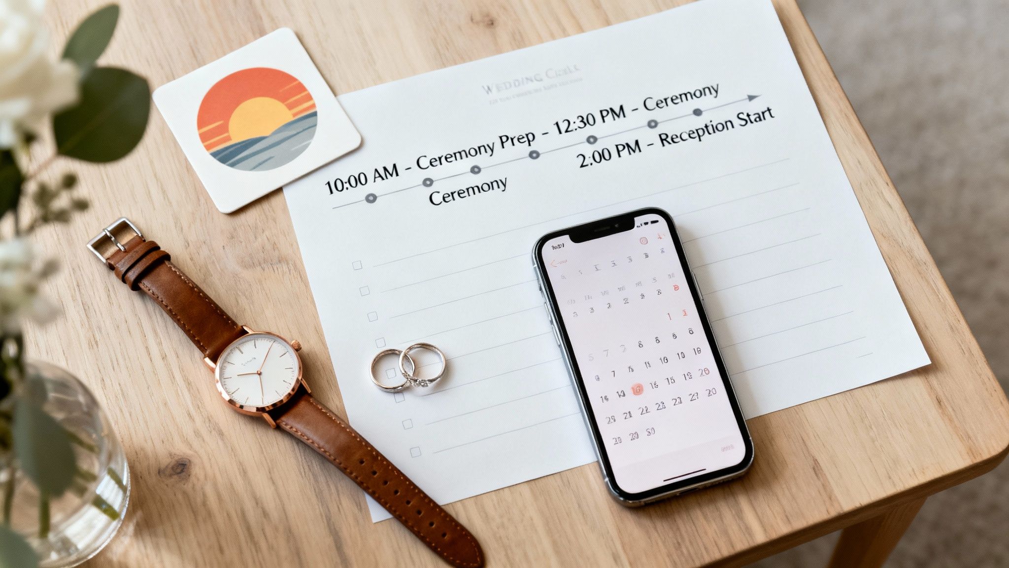 A wedding flat lay featuring a timeline document, rings, watch, and phone on a wooden table.