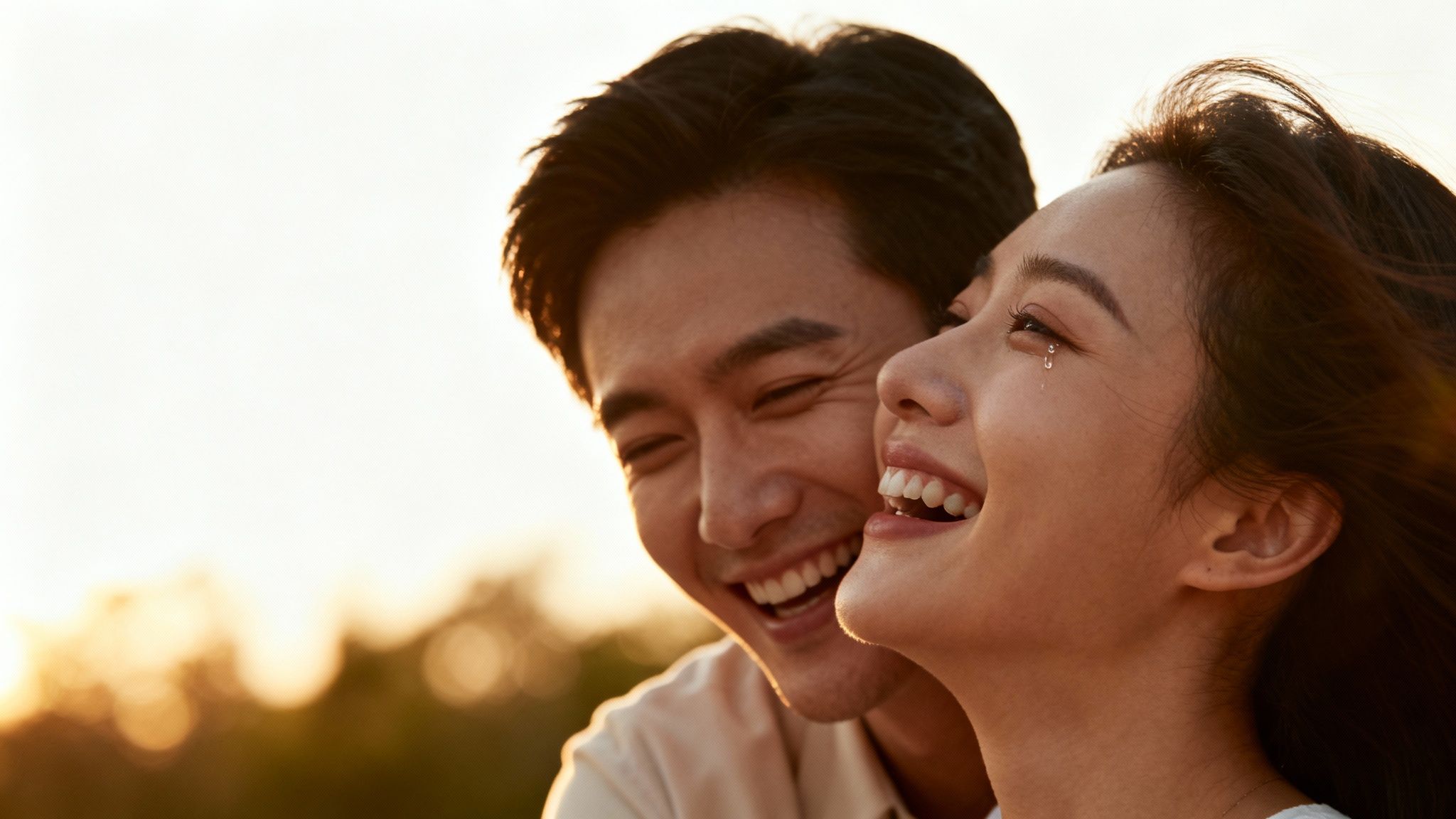 Happy Asian couple laughing heartily, woman shedding tears of joy under warm sunset light.