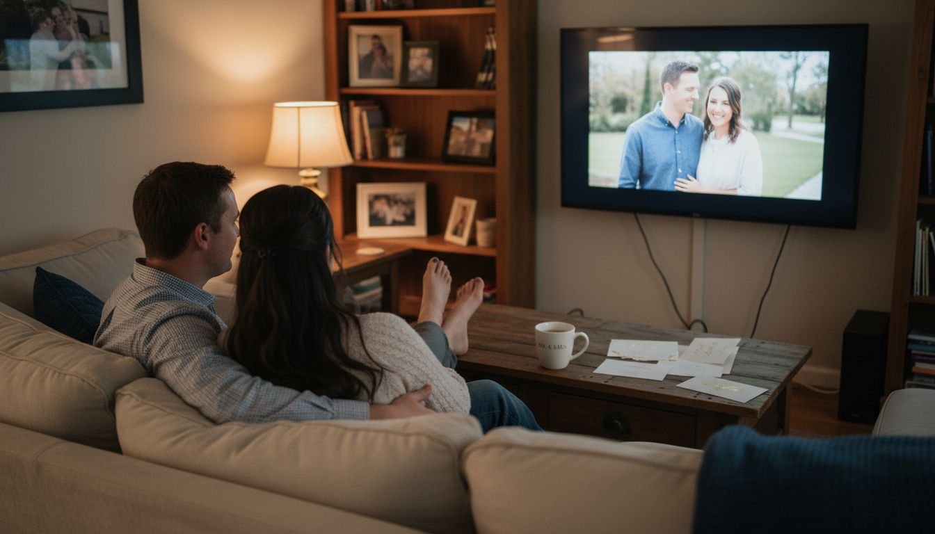 Couple watching wedding video at home