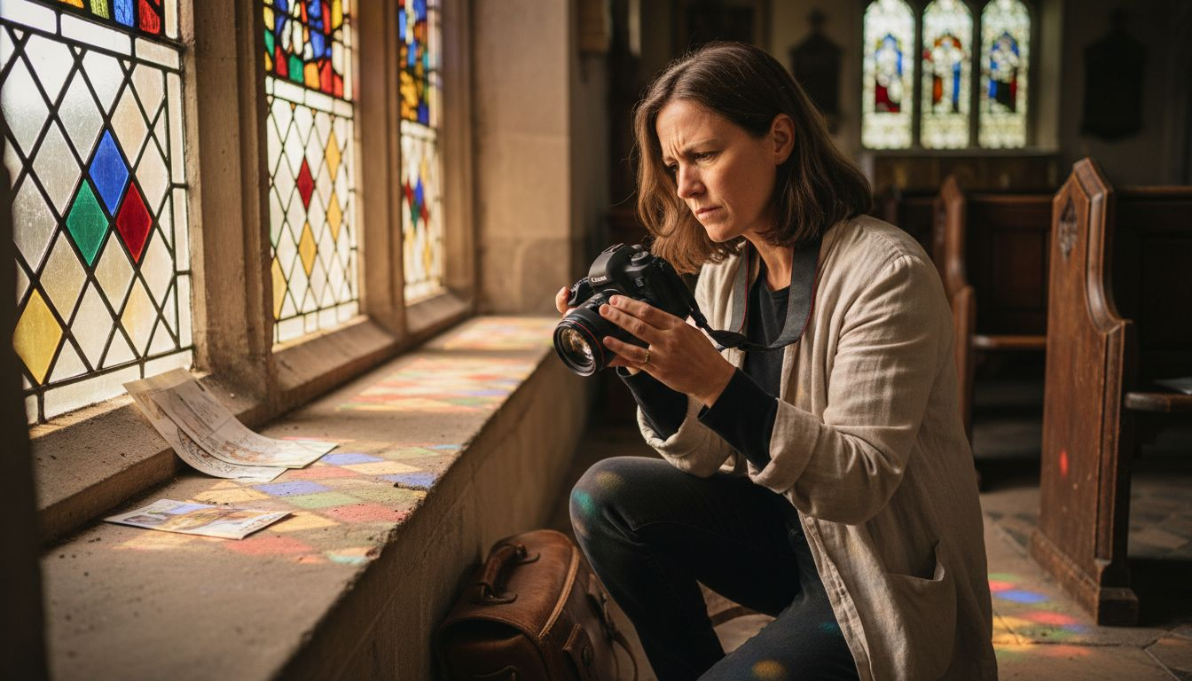 Wedding photographer reviewing camera in church
