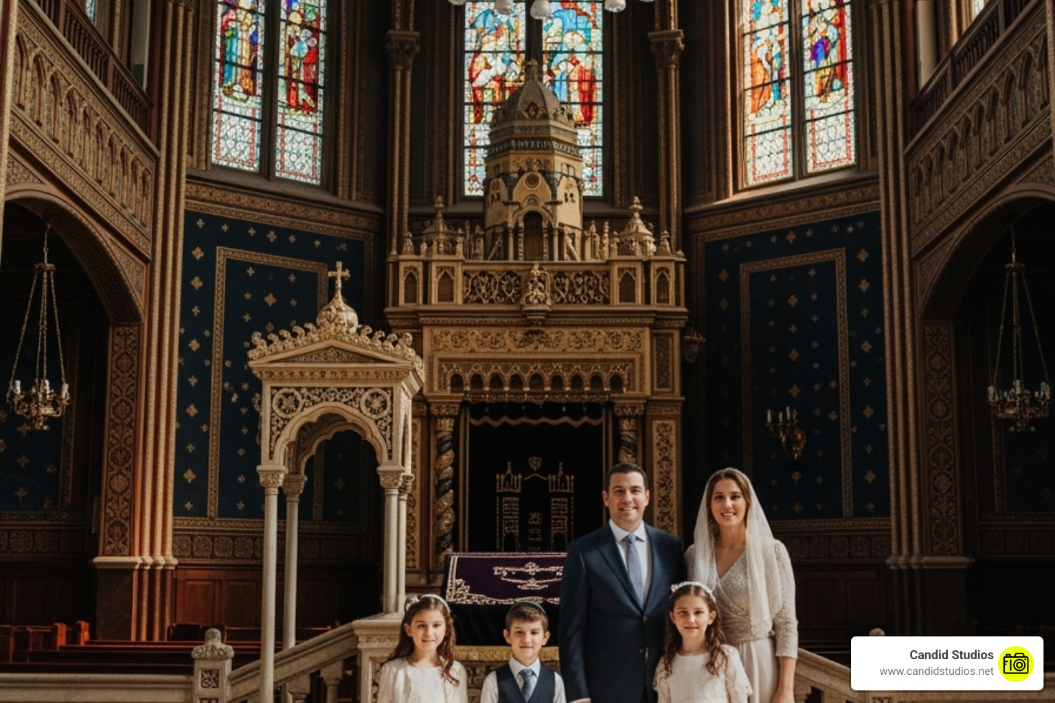 Family posing for a formal portrait inside a beautiful synagogue - bat mitzvah photographer Family posing for a formal portrait inside a beautiful synagogue - bat mitzvah photographer