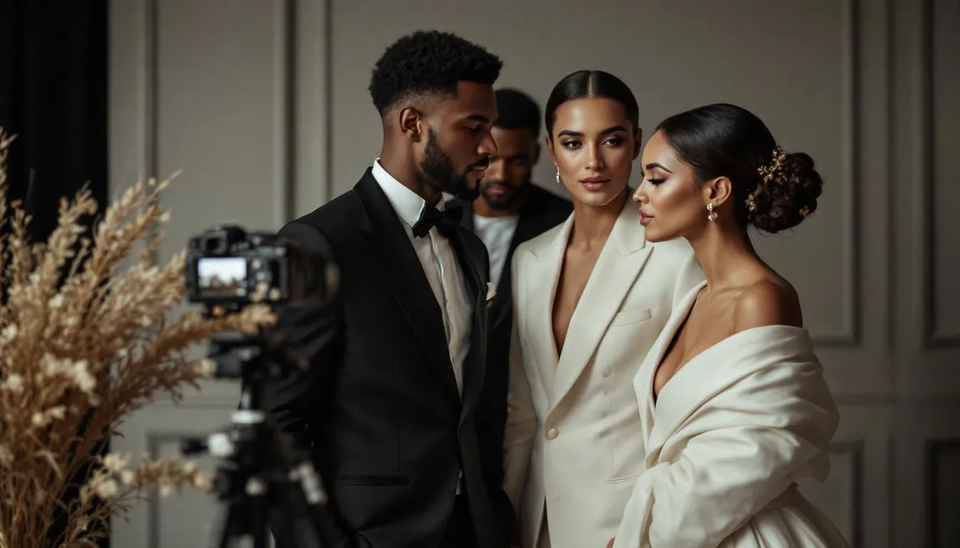 A couple discussing their wedding photography options with a professional photographer.