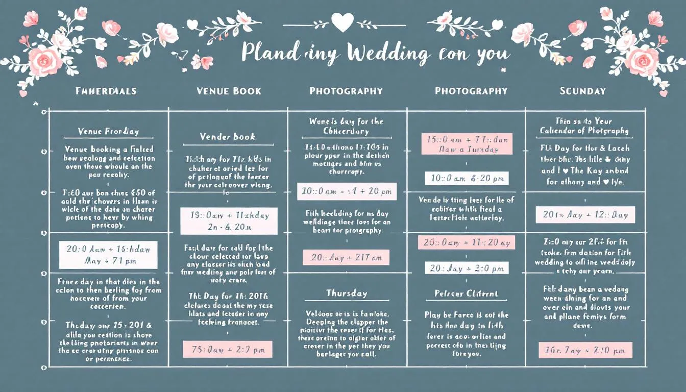 A calendar marked with important wedding dates, illustrating the ideal timeframe for booking a wedding photographer.