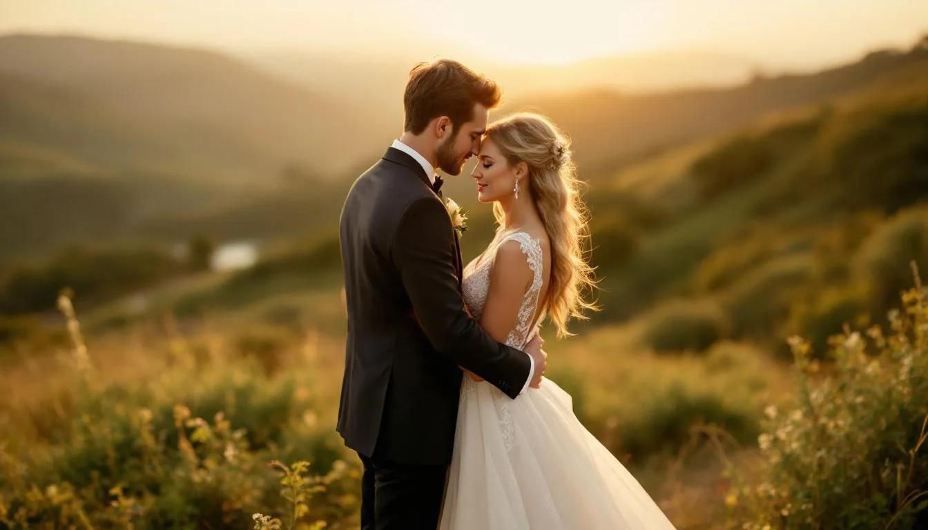 Stunning wedding photos taken in a picturesque location.