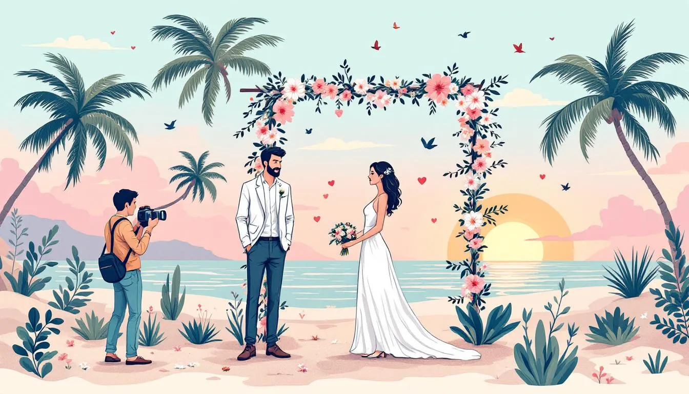 A picturesque destination wedding scene with a couple and their photographer, showcasing the beauty of destination weddings.
