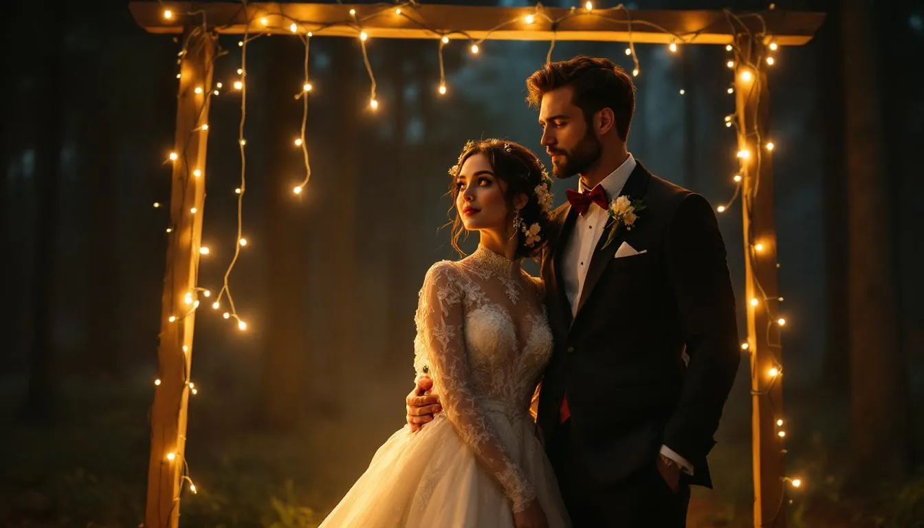 Nighttime wedding photography capturing a magical atmosphere.