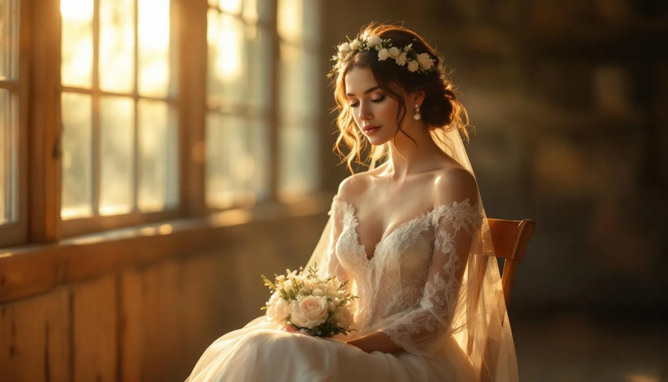 A bride preparing for her wedding day, showcasing her wedding dress and accessories.