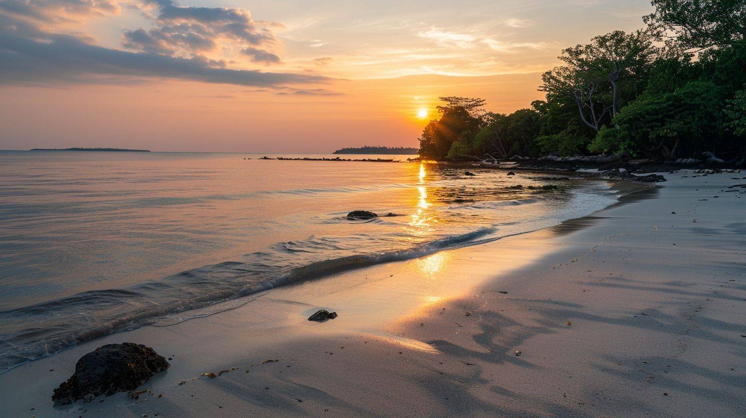 A beautiful sunset on a calm beach captured in high-quality seascape photography.