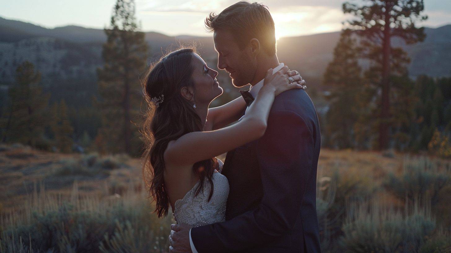 The wedding videographer captures a romantic embrace in a picturesque outdoor setting with a full-frame DSLR camera.