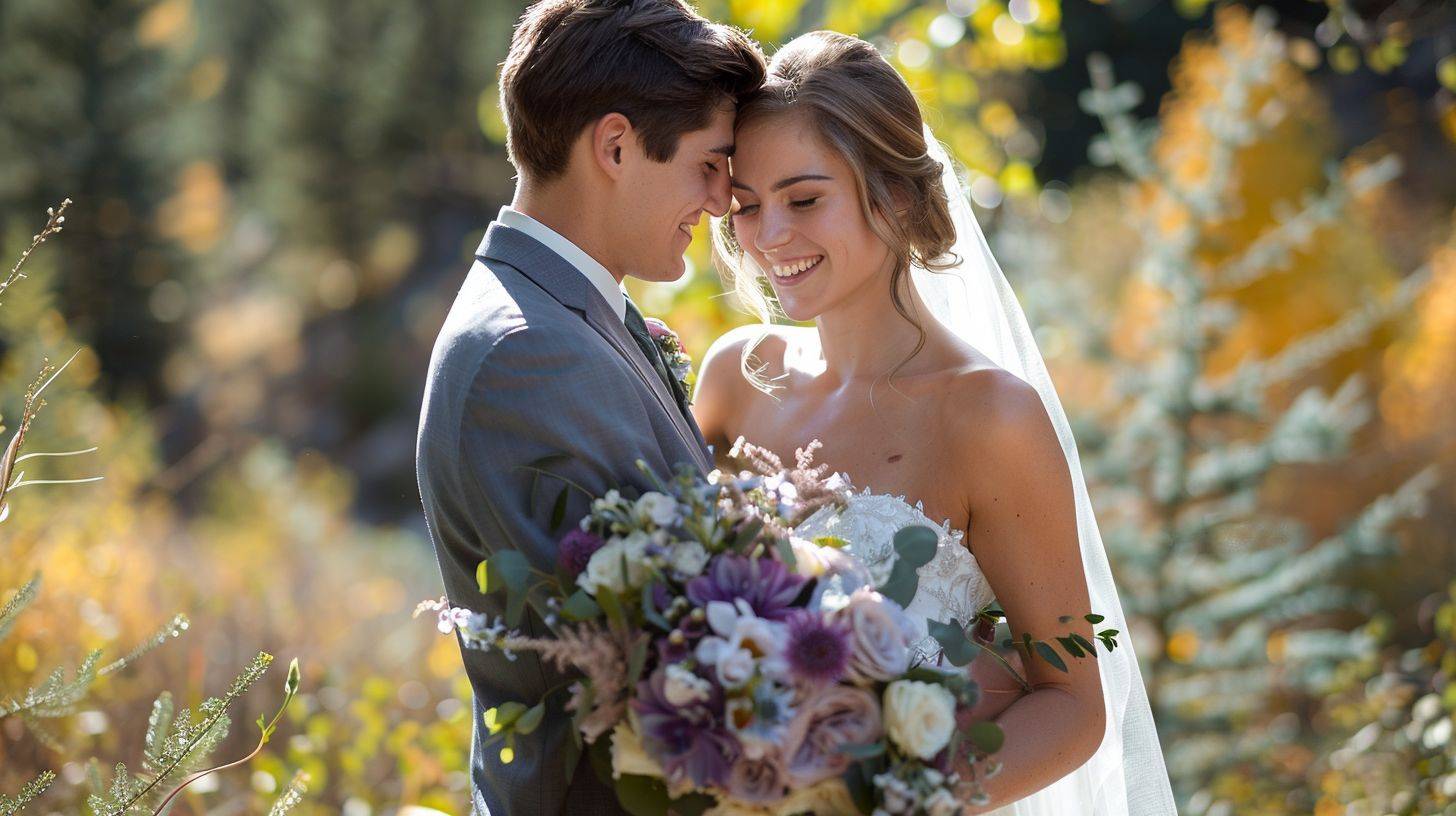 A joyful couple in a picturesque Colorado wedding venue, captured in natural outdoor surroundings with professional photography equipment.
