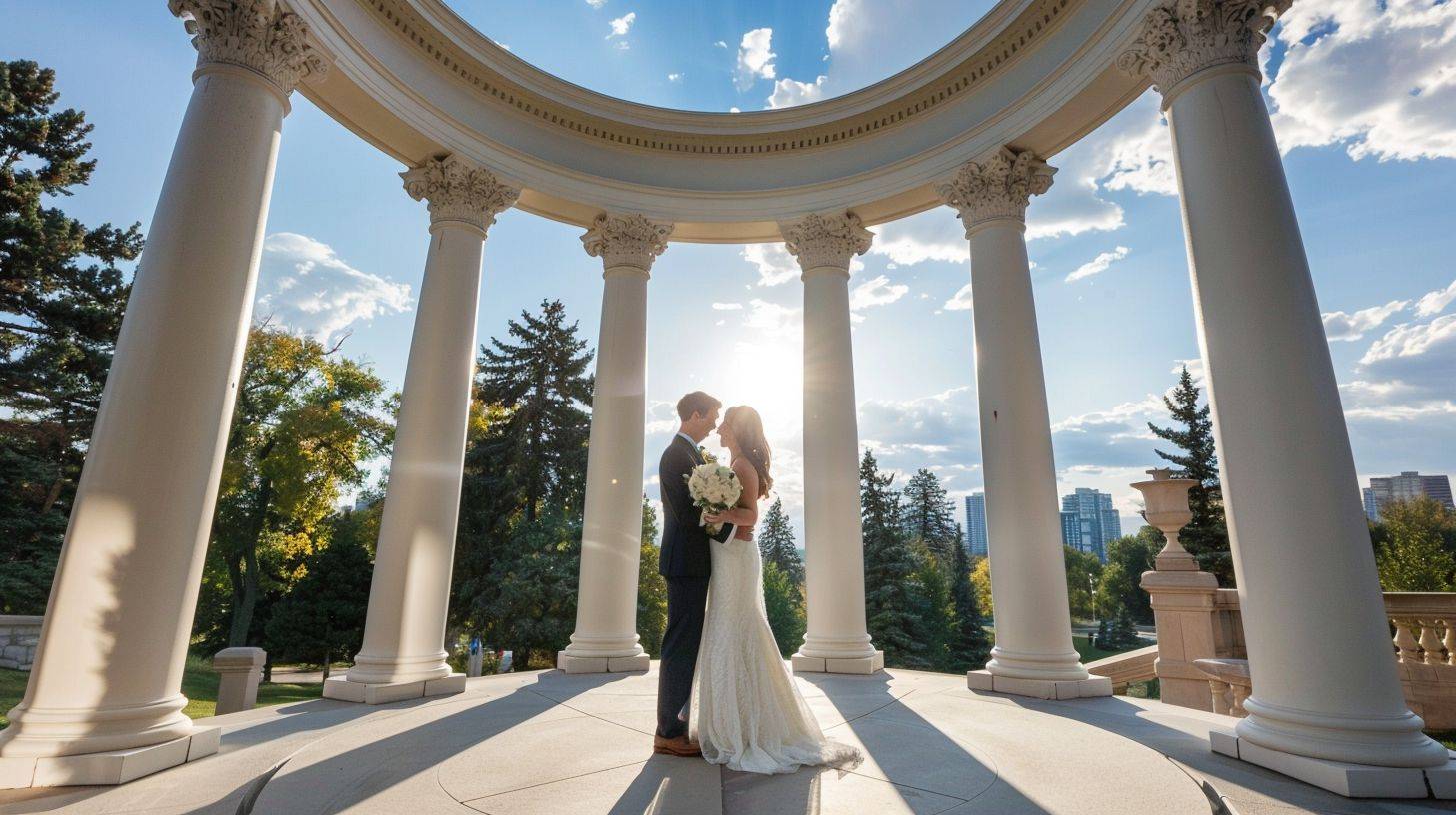 A newlywed couple embraces in front of the Pavilion at Cheesman Park, with the cityscape in the background.
