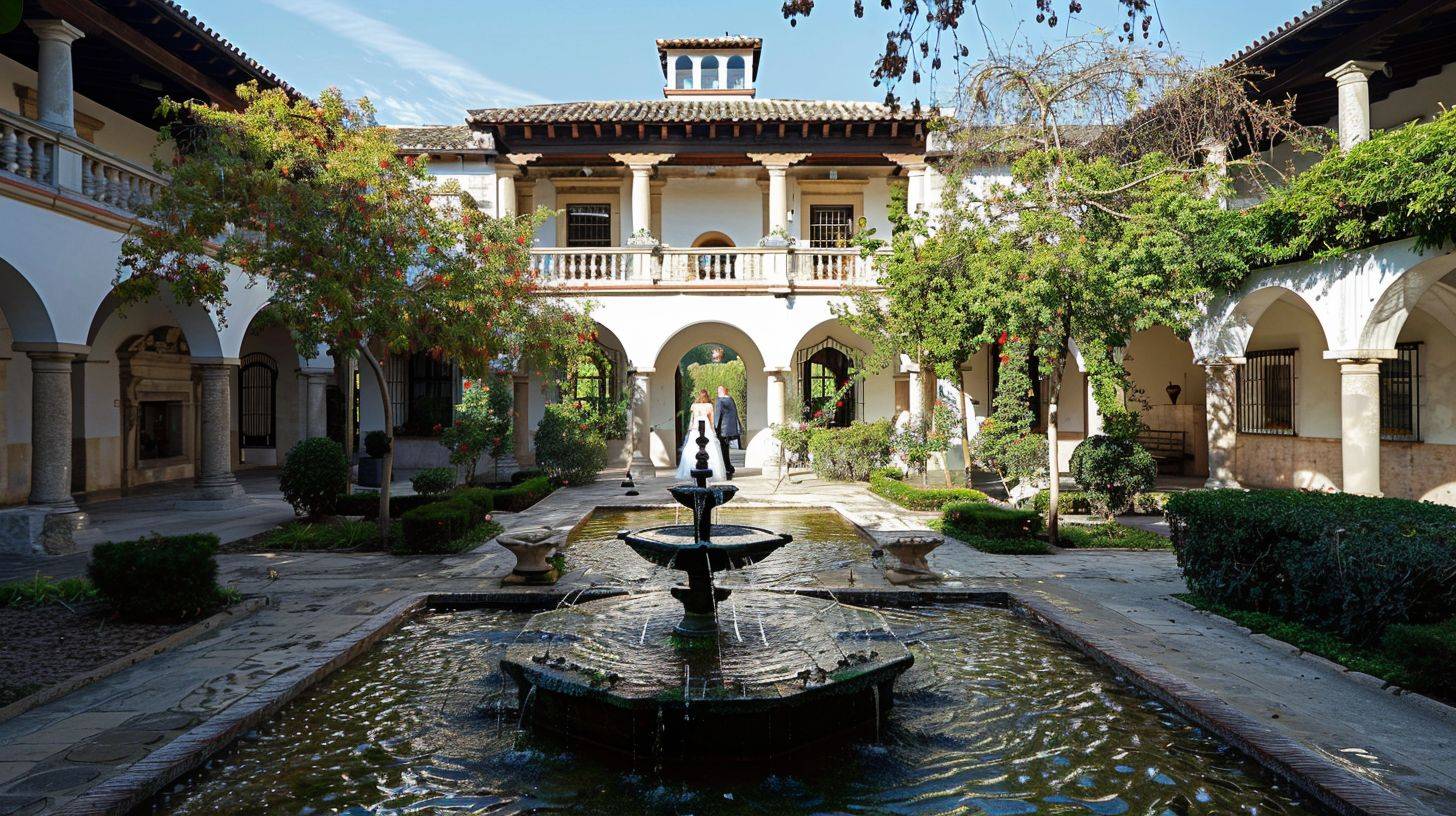 A bride and groom walk through the historic courtyard of Casa De España for wedding and event photography.