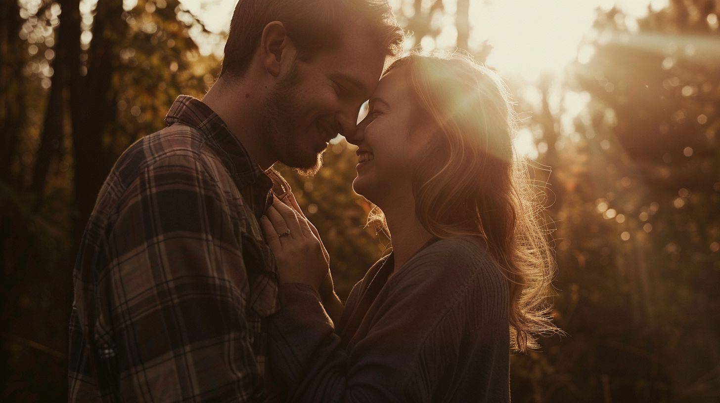 A young couple in their late twenties embracing outdoors, displaying their love and connection.