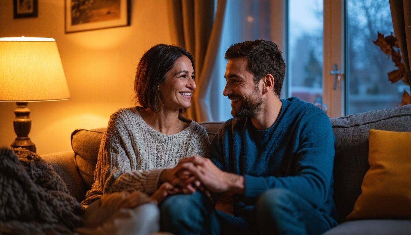 A couple sitting on a sofa, holding hands and discussing marriage resolutions for the upcoming year.