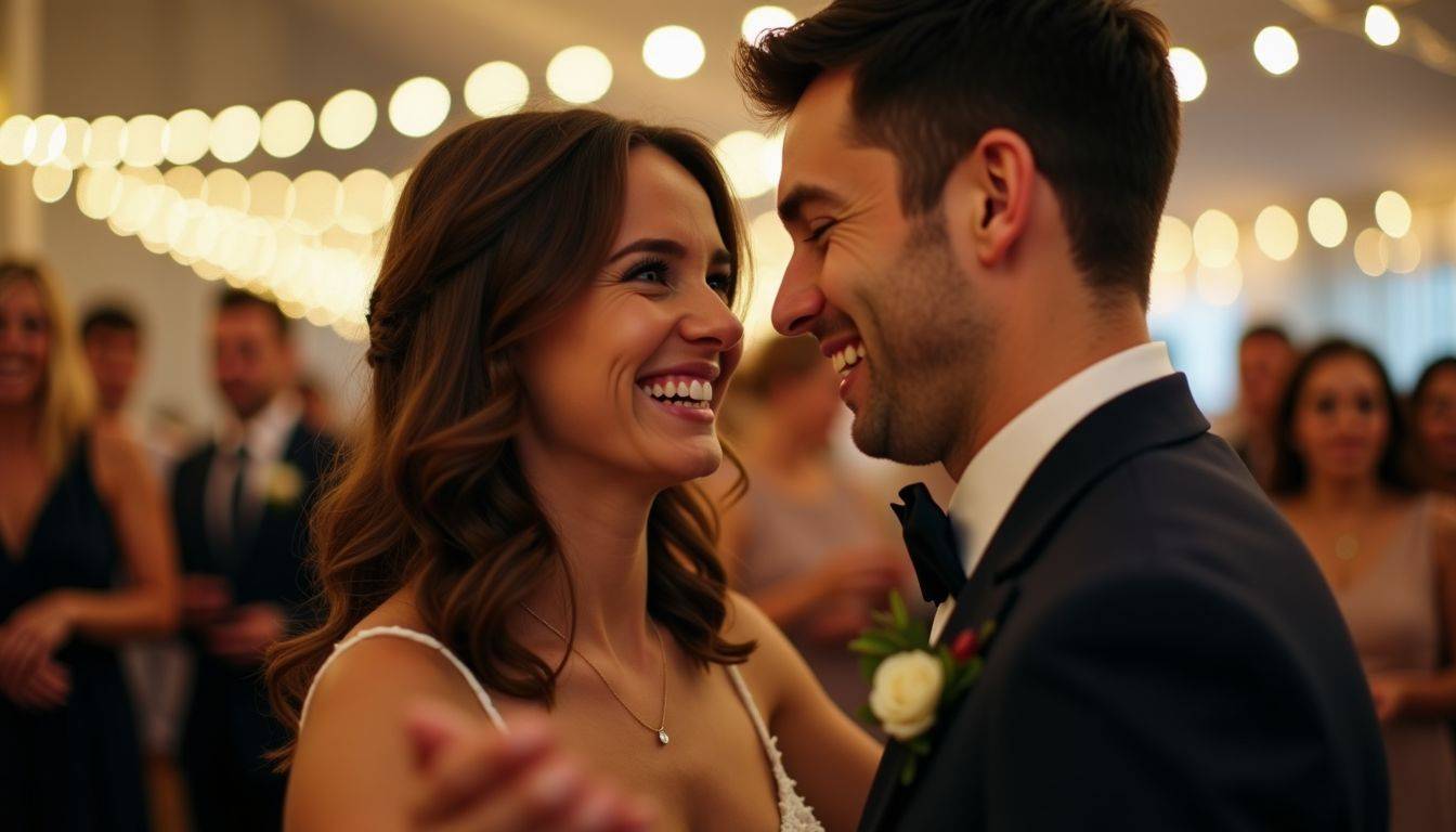 A young couple dancing joyfully at their wedding reception, surrounded by warm, twinkling lights.