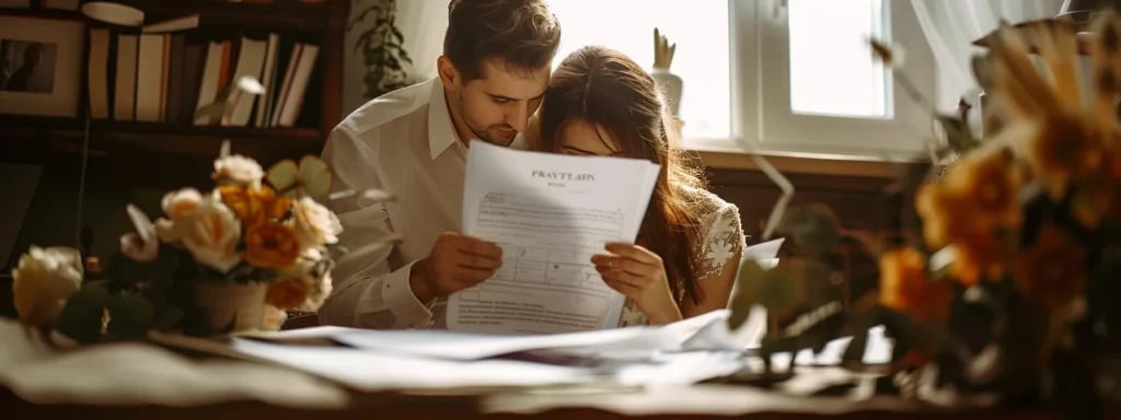 Tailored Wedding Photography Solutions in Miami: Your Detailed Guide 11 a bride and groom-to-be reviewing a detailed contract for a custom wedding photography package, surrounded by paper with pricing breakdowns and payment schedules.