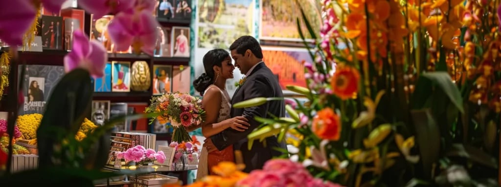 a bride and groom browsing through a vibrant wedding photography display at a local miami wedding expo, surrounded by colorful floral arrangements and elegant albums.